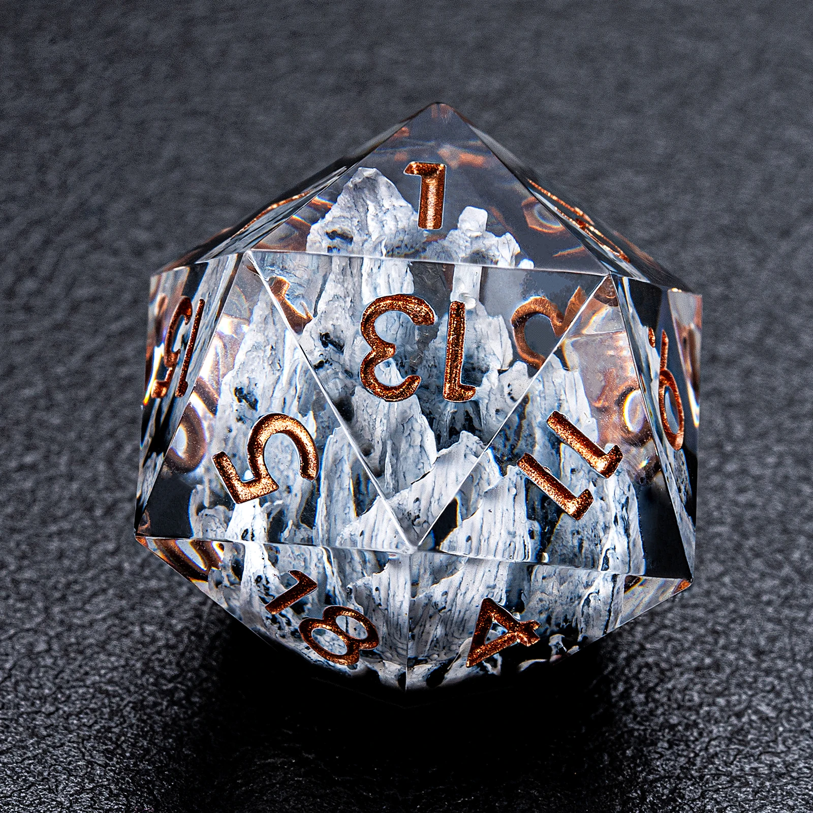 Factory Direct Polyhedral Clear White Sharp Edge Dnd Resin Dice Set With Mountain Stone for Table Games details