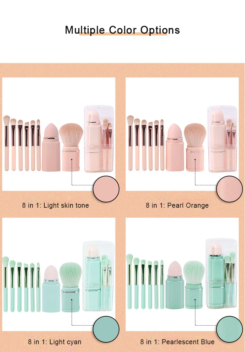 Powder Foundation Eyeshadow Blush Brush Mini Cute Makeup Brushes Set Travel Size Portable 8 in 1 Synthetic Hair Makeup Beauty