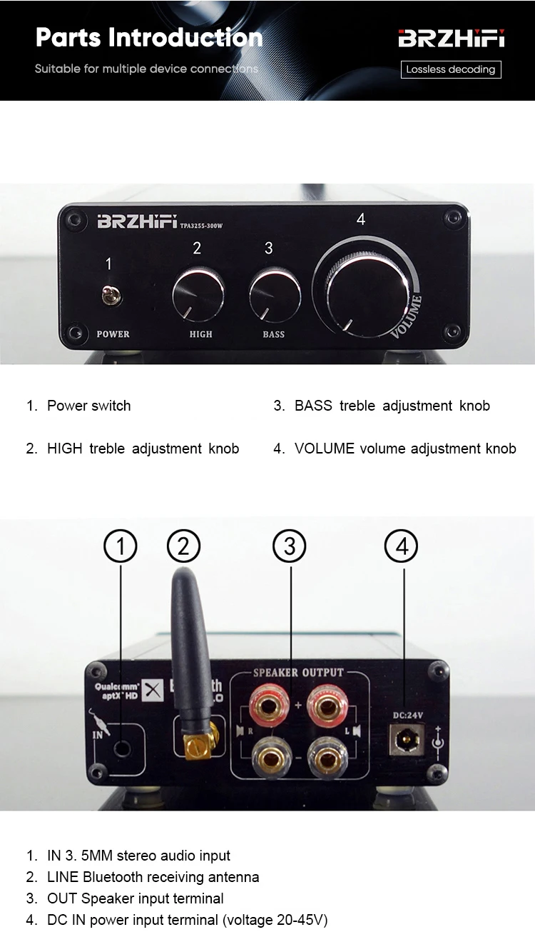 BRZHIFI DAC TPA3255 BT5.0 HIFI 300W+300W LDAC APTX Stereo Audio Class D 2.0 Channel Digital Amplifier factory