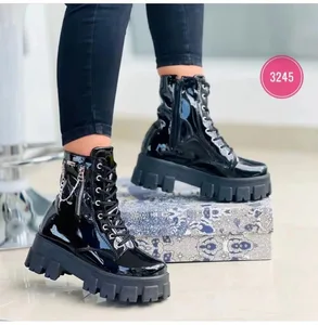 Wholesale Womens Black Fashion Winter Patent Leather Waterproof Luxury Designer Platform Chunky Heel Boots Women Shoes 2023
