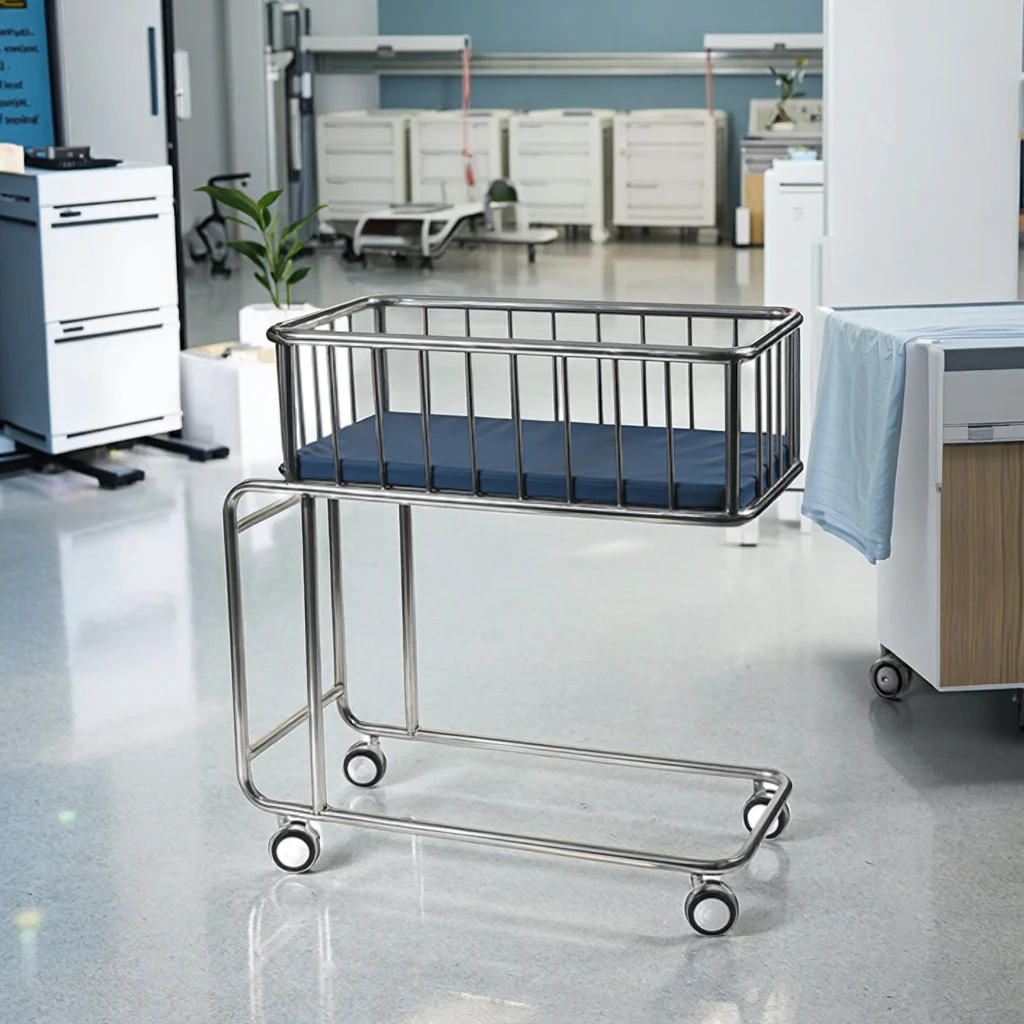 SUS304 Stainless Steel Medical Baby Crib Soft Leatherette Foldable Adjustable Durable Hospital Furniture Commercial School Use 4