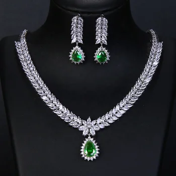 Hot selling Womens Luxury Wedding Flower CZ Zircon jewelry Sets Gift Fashion Waterdrop Necklace/Earrings Set Jewellery set