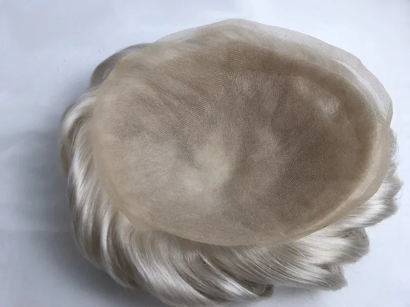 Handmade Men's Wigs Toupee European Hair Prosthesis Capillary  Ice Blond White Breathable Transparent Full Lace Base Toupee