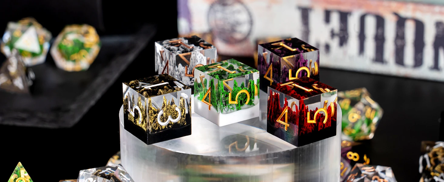 New Premium Design Stone Mountain Inside Fashion Carving Dnd Resin Dice Set in Stock factory