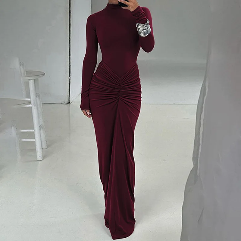 Hipster Ruched Dress Women Skinny Stretch Robe Autumn Simple Classic  Pleated Long Bodycon Vestidos Shaping Maxi Casual Dresses