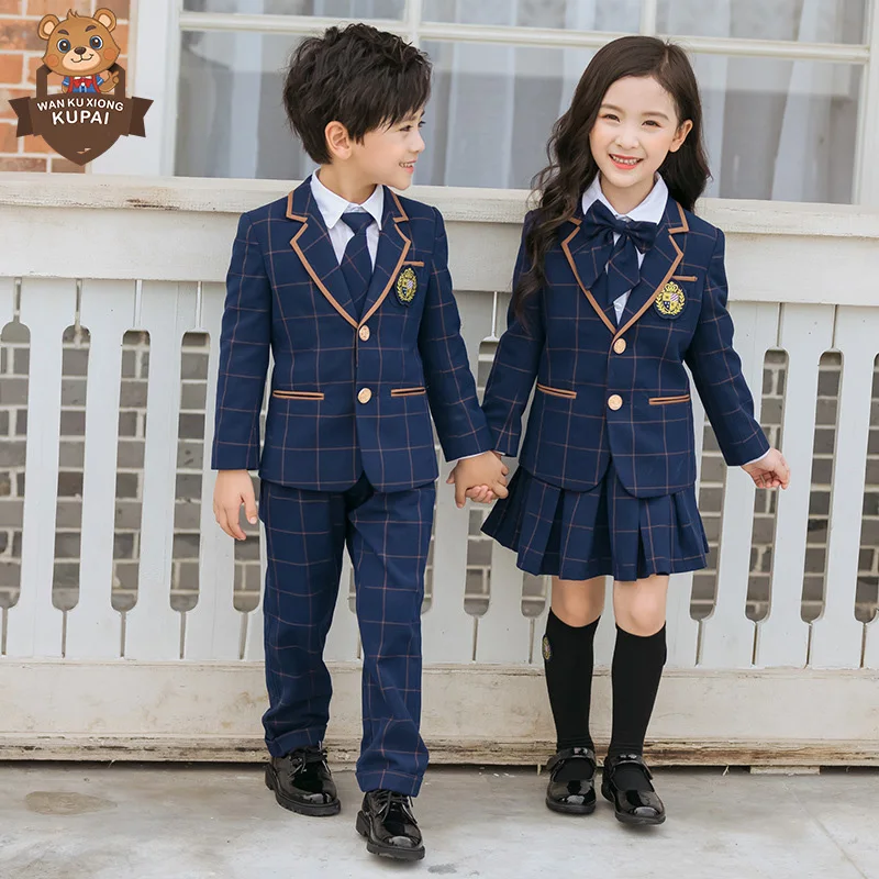 High School Uniforms Patterns for Girls and Boys Dark Blue Plaid School Uniforms Long Sleeve