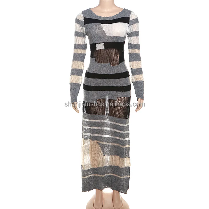 Knitted See Through Straps Slim Fashionable Backless Stylish Maxi Dress