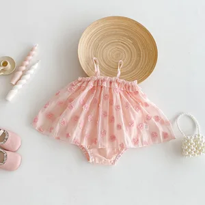 Summer High-End Girls' 3D Floral Flower Strap Princess Dress O-Neck Baby Dress with Lace Decoration Sweet Style for Children