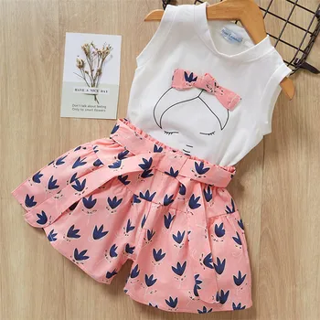 Baby Girl Summer Clothes Sets Sleeveless Cartoon T Shirt Shorts Set 2-8 Years Girls Casual Bow Comfortable Two Piece Outfit