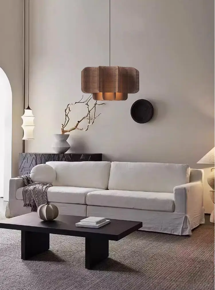 Japanese Wabi-sabi Style Creative Cloud Stone Design Rattan Woven Pendant Light Zen Living Room Restaurant Chandelier for Home