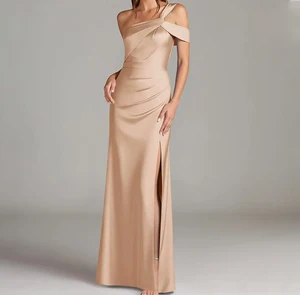 Custom High Quality  Off Shoulder Satin Fabric Ruched Waist High Slit Design Mermaid Maxi Length Elegant Women's Dress