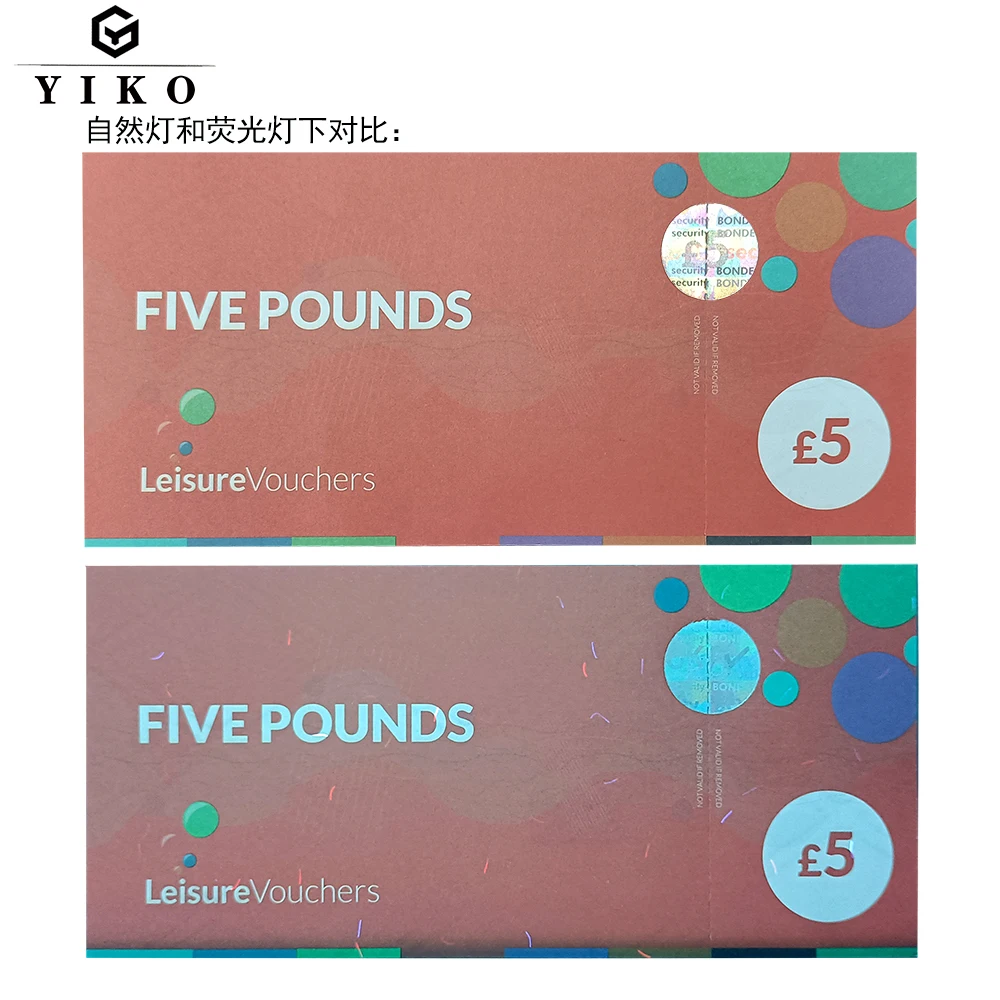 Billets personnalisés imprimés sur mesure avec fils de couleur visibles sous lumière fluorescente, onglets perforés, billets de loterie