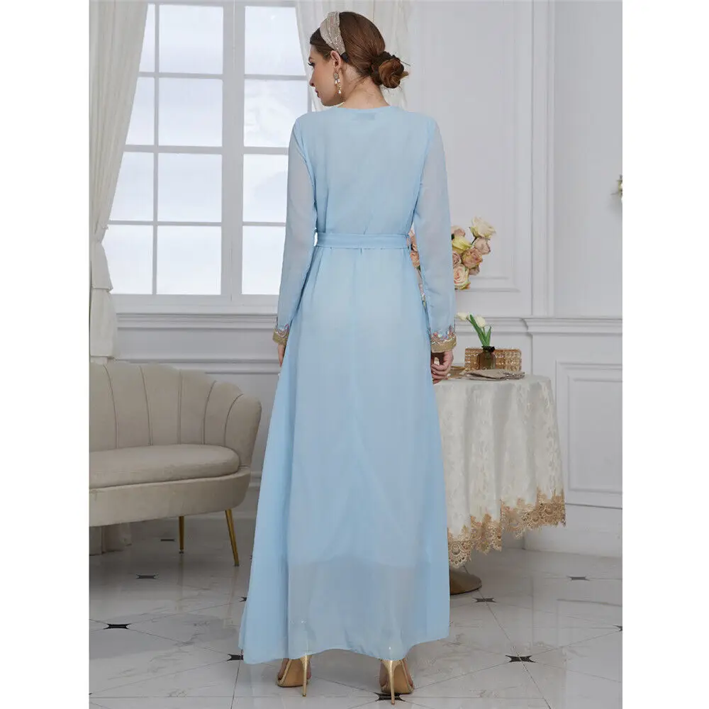 Fashion Muslim Women's Long Sleeve Dress Pleated Maxi Gown Dubai Kaftan Robe