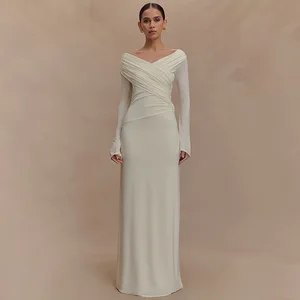 Slim Fit Shirring Women's Long Dress Sexy V-neck Long Sleeved Party Style Evening Dress