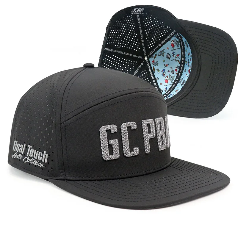 Hydro 6 Panel Hip Hop Polyester Athletic Mesh Snapback Cap Hat Flat Bill Waterproof Performance Pvc Patch Perforated Hat