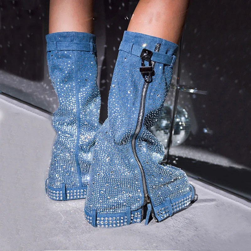 PDEP Round Toe Thick Bottom Cowboy Denim Boots Fashion Rhinestone Metal Buckle Zipper  Muffin Chunky Platform Boots Women