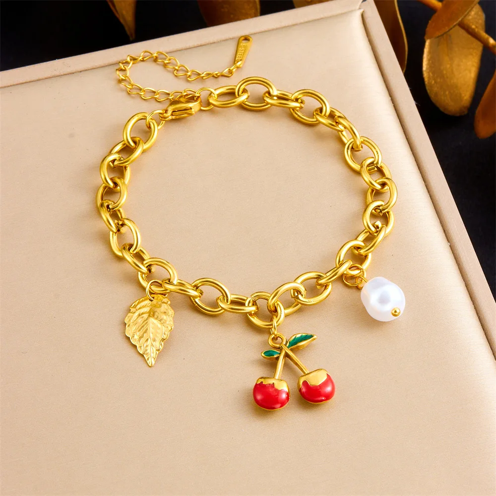 New Stainless Steel Women Cherry Charm Bracelet Tarnish Free 18k
