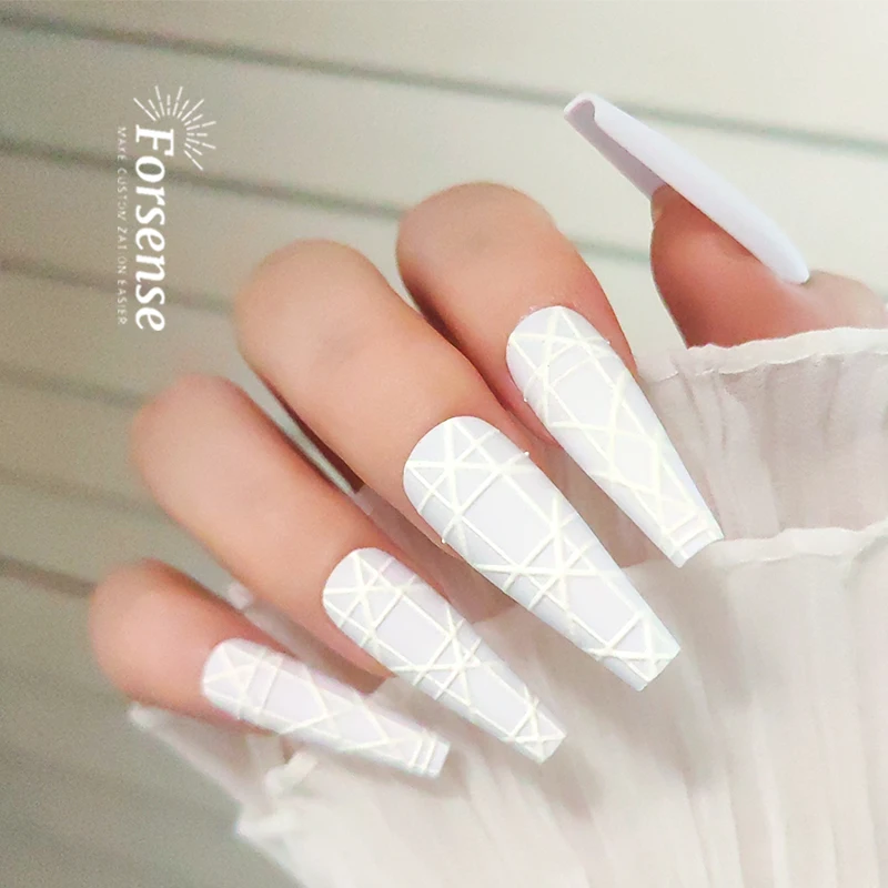 Easy Winter Classy Matte Press on Nail Design Holiday Simple White 3d Line Nail Tips Wedding Bride Elegant Long Coffin Fake Nail