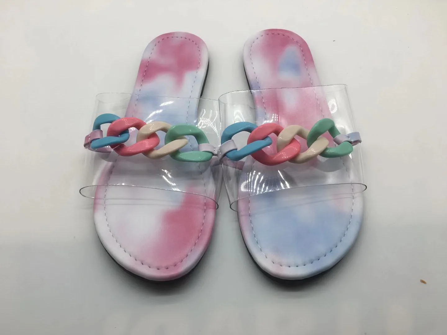 Шлепанцы женские на плоской подошве, Модные прозрачные пляжные сандалии с пряжкой и цепочкой, низкая цена