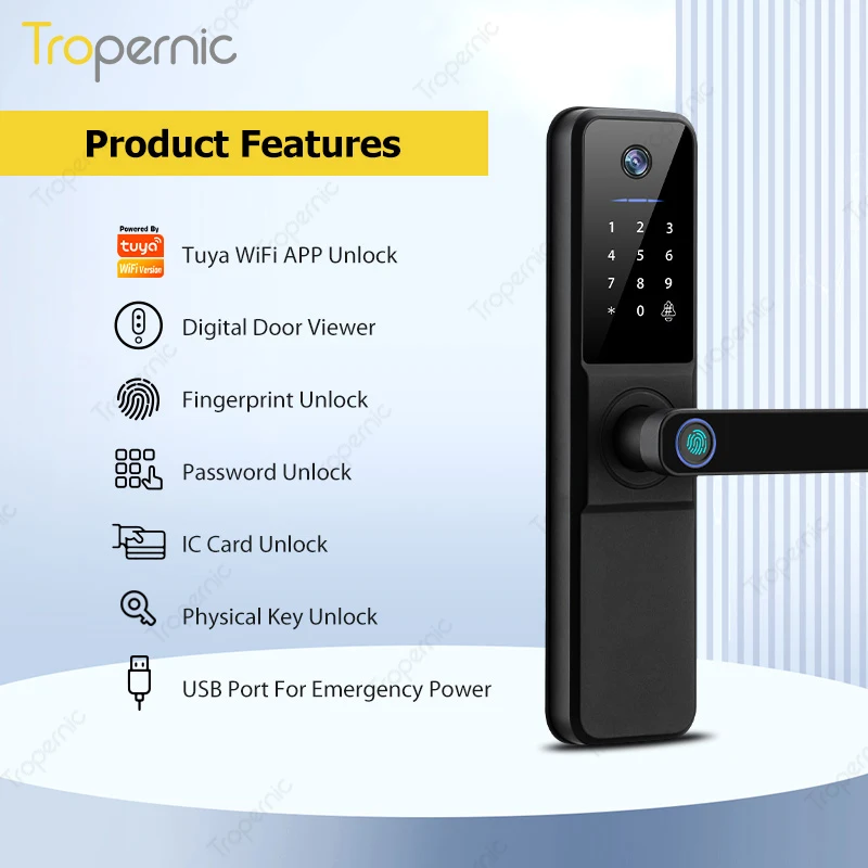 Tropernic Wholesale Price Digital Code Smart App Fingerprint Tuya Smart Camera Door Lock
