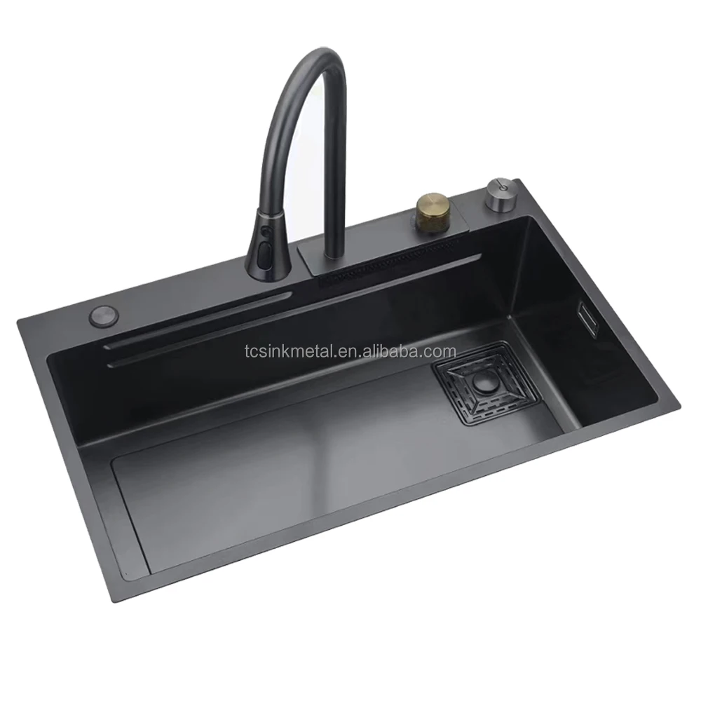 Waterfall Kitchen Sink Single Bowl Stainless Steel Kitchen Sink Sets With Flying Rainfall Faucet