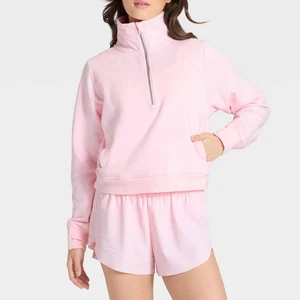 Custom Printed Pink Solid Color Winter/Autumn Pullover Ribbed Cuffs Hemline Stand Collar Full Zip Sweatshirt for Women Sport
