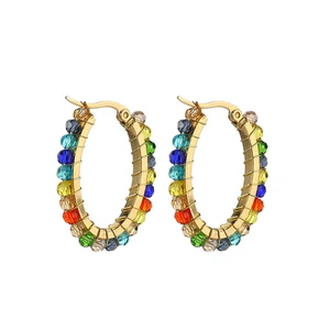 YUKAM Fashion Jewelry Stainless Steel Seed Bead Earrings Colorful Glass Crystal Rhinestone Beaded Oval Round Hoop Earrings Women