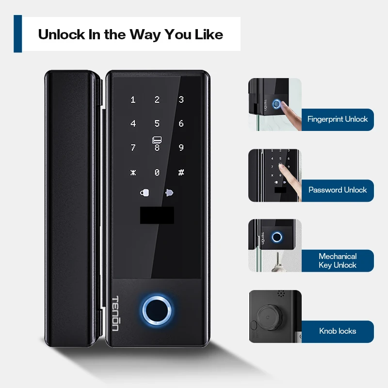 TENON K5 Remote Control Digital Fingerprint Lock Automatic Smart Glass Door Lock