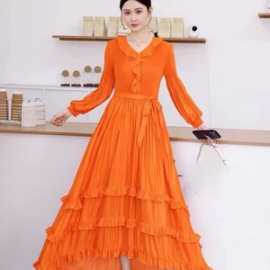 Big Size Ruffled V-neck Pleated Dress with Waist Tie and Layered Design - Elegant Daily Date Wear Item