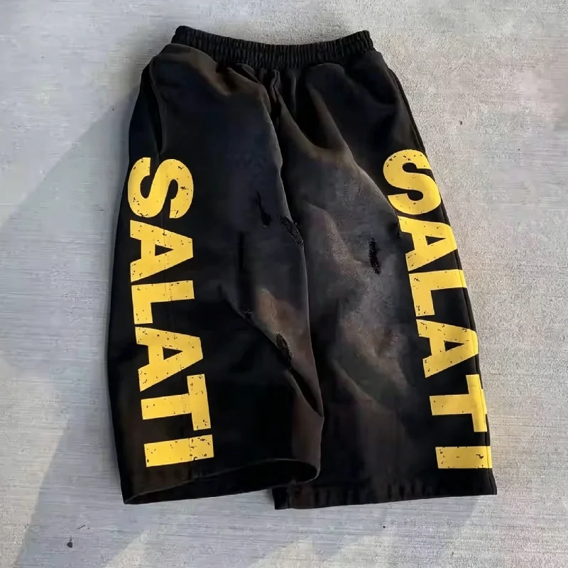 Men's Oversized Knee Length Ripped Distressed Baggy Vintage Acid Wash Sweat Jogger Shorts Drawstring Waist gallery 5