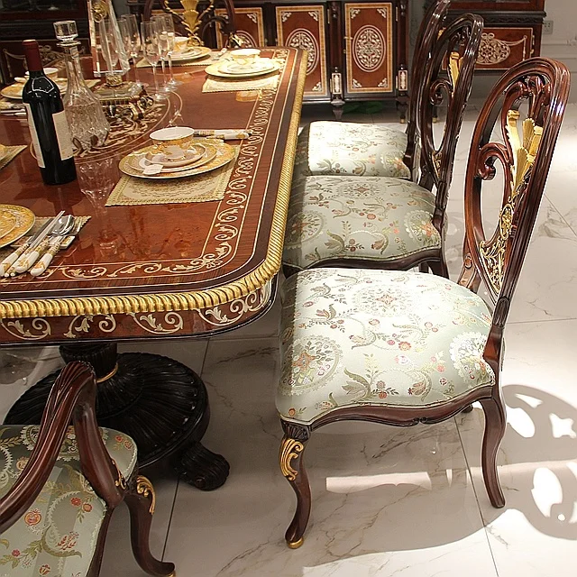 Luxury European British Style Sea Shell Veneer Decorated Mahogany Wood and Gold Dining Set