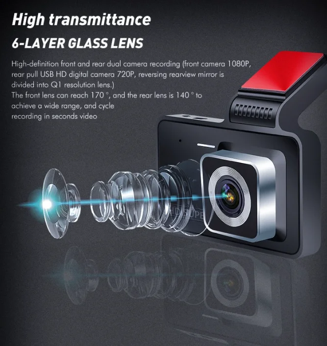 Vehicle Recorder Front and Rear Dual Lens Reverse Image Front and Rear Dual Recording 1080P HD 170 Degree 4 Inch Tachograph