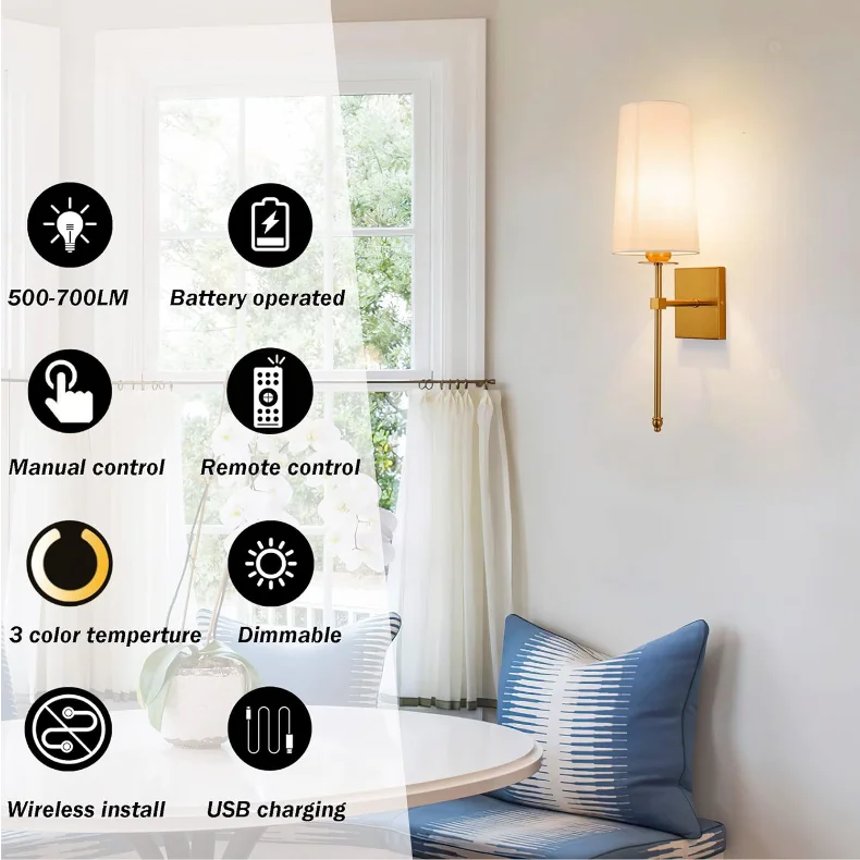 product rechargeable led wall lantern luxury vintage metal indoor wireless remote control wall lamp fabric lampshade smart home lights-43