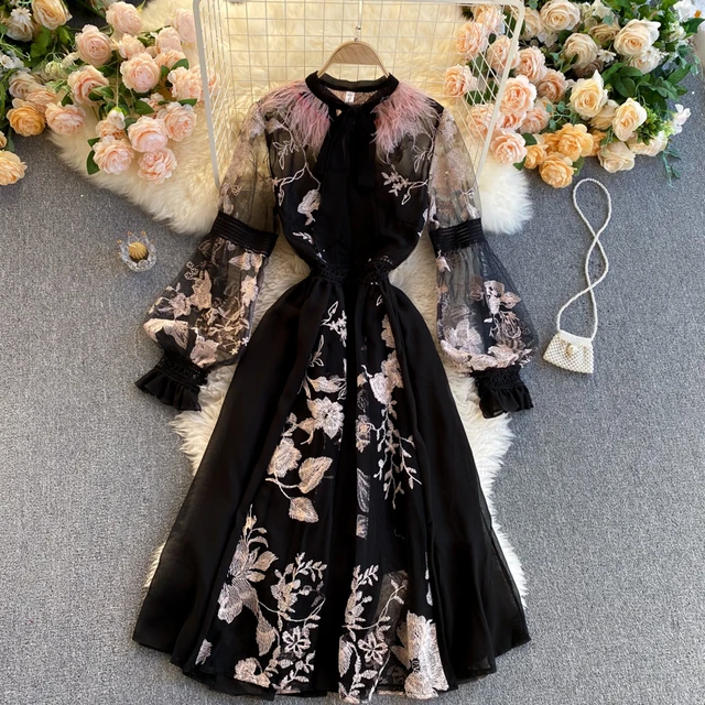 Unique Design Lace Embroidery Dress Tying Feather Lantern Sleeves Dress Women Hollow Out Elegant Midi Dress