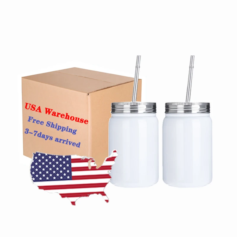 17oz White Stainless Steel Mason Jar with Lid and Straw