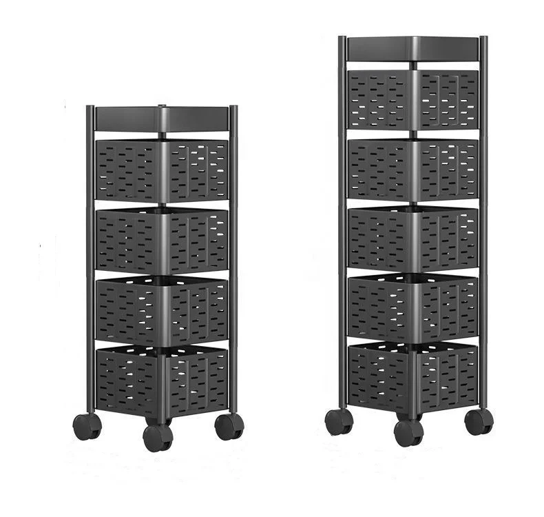 5 Layer Kitchen Shelf with Rotating Trolley Practical Storage Rack Modern Wood and Metal Furniture for Kitchen