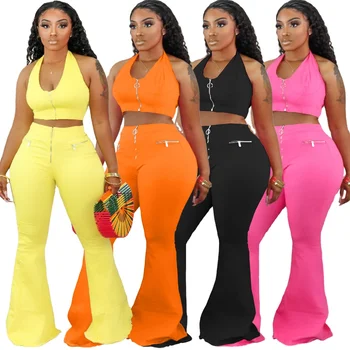 Fashion 2 piece set women clothing 2022 two piece pants set casual home wear halter crop top and flare pants plus size