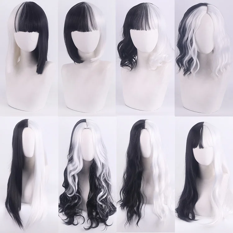 New Cruella De Vil Cosplay Wig Kuila Half Black Half White Short Curly Cos Wig Black And White Witch Cruella Curly Hair Buy Anime Cosplay Wig Wigs For Women Party Wigs Product On