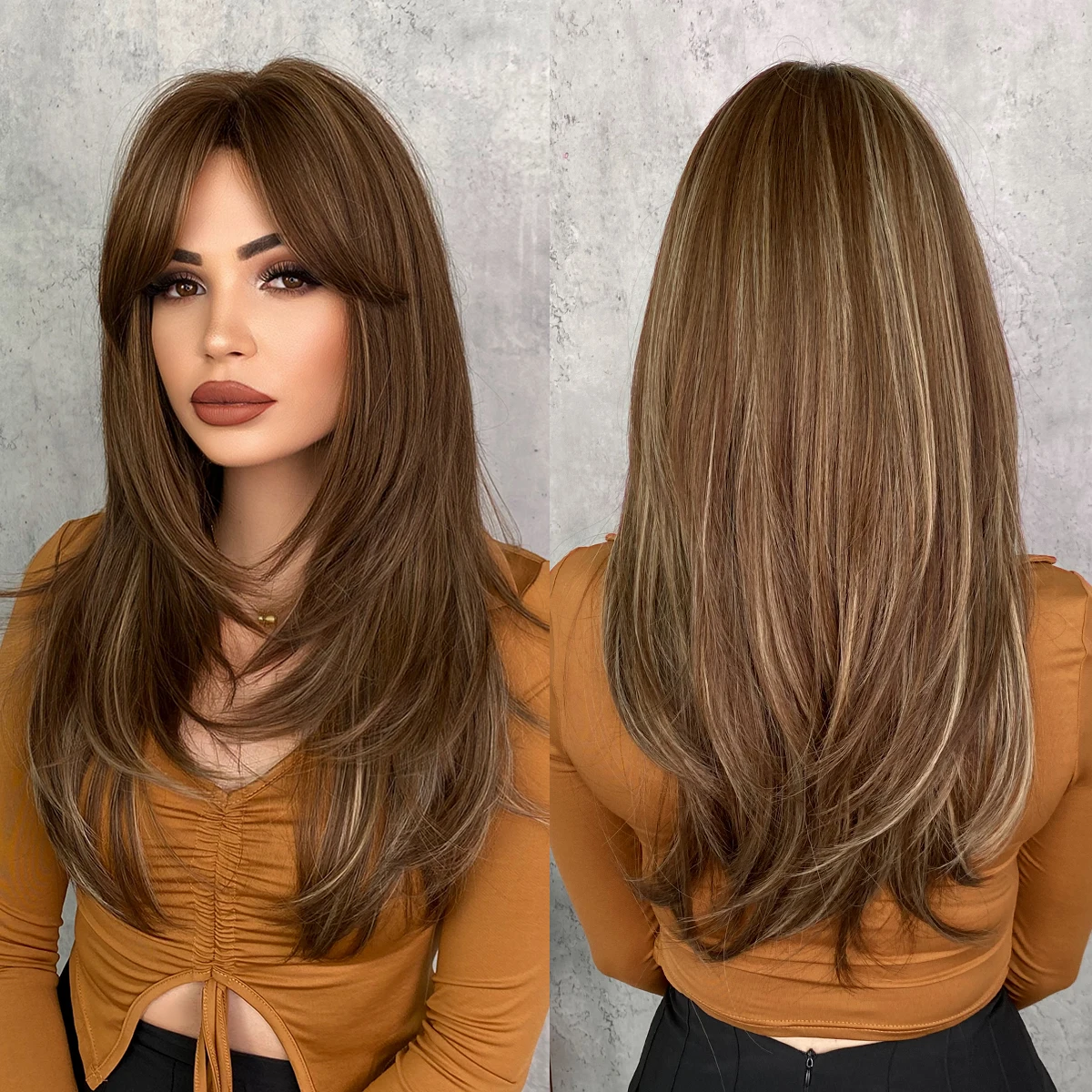 Long Straight Wigs with Curtain Bangs,Blonde Ombre Layered Wig for Women  Synthetic High Density Heat Resistant Dark Brown Hair| Alibaba.com