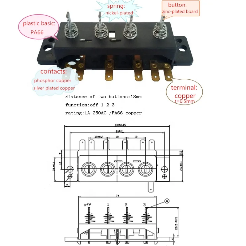 4-Position Range Hood Push Button Switches Brass Plastic Keyboard Stand Fan's Button 250V Max. 3A for Home Appliances