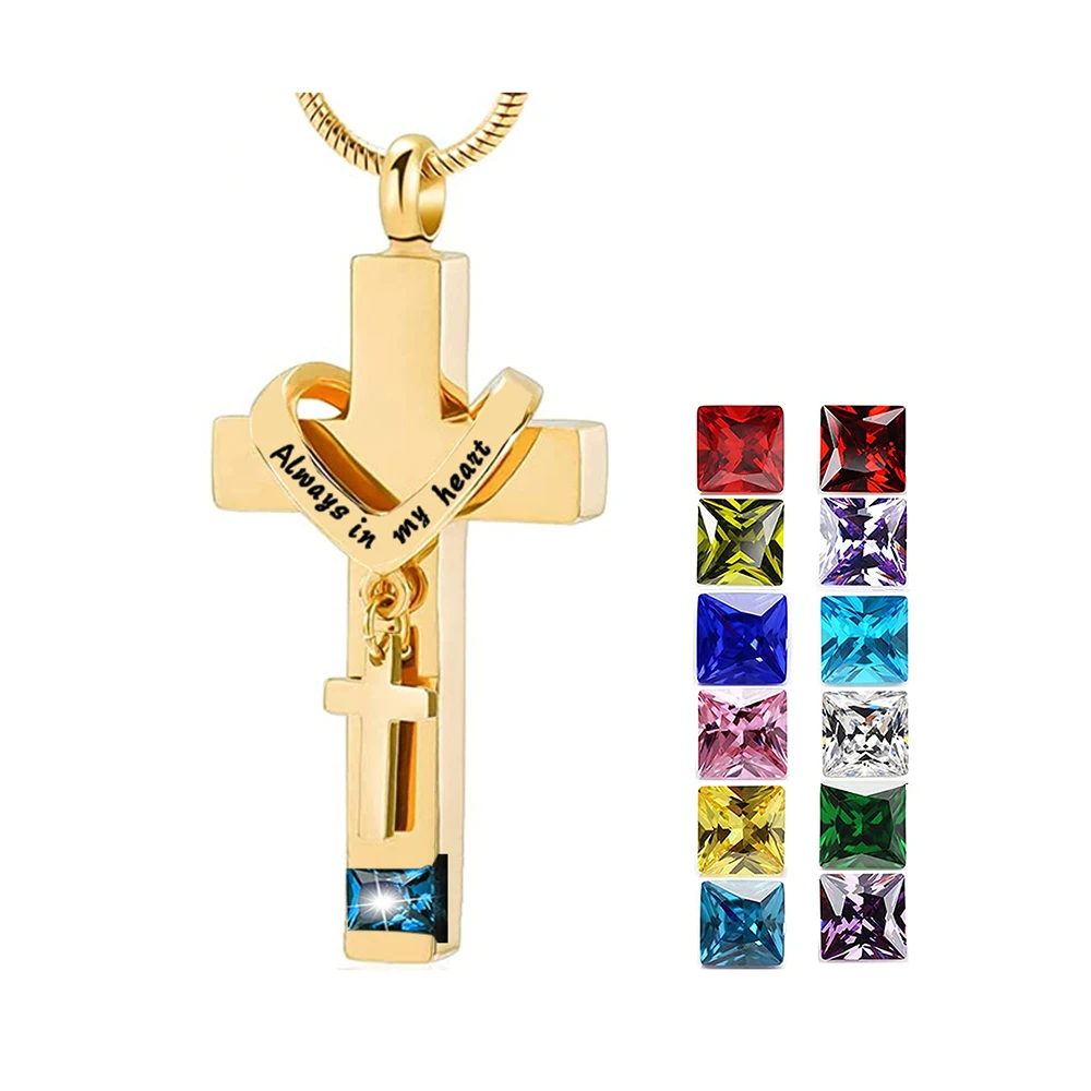 Cross With Birthstone Urn Necklaces for Ashes Stainless Steel Memorial Cremation Pendant Jewelry Keepsake for Human or Pet Gift