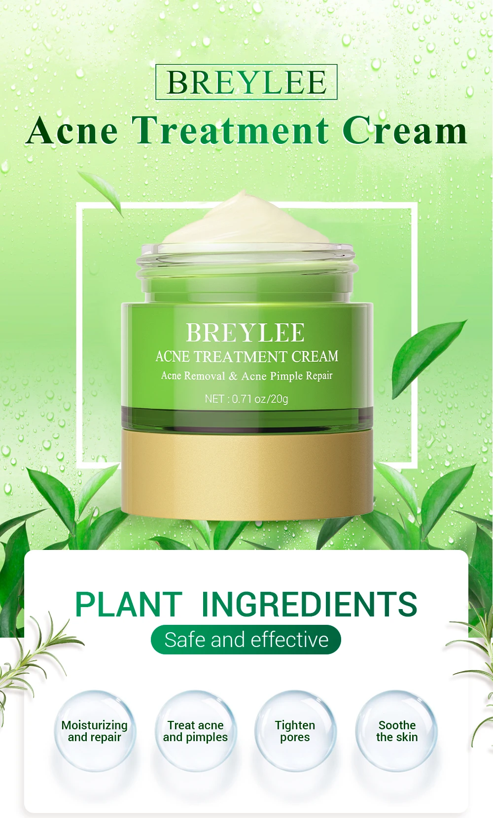 BREYLEE Private Label Tea Tree Oil Dark Spot Removing Acne Pimple Skin Repair Face Cream manufacture