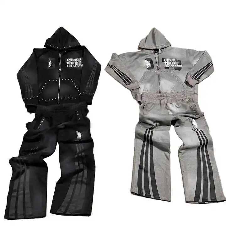 Salati Custom Screen Print Rhinestone Tracksuits Men Zipper Acid Wash Vintage Hoodie Track Sweatpants and Hoodie Set for Men gallery 7