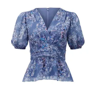 Women Summer Blouse Half Puff Sleeves Lace Trim Overlap Above Waistband Floral Printed Chiffon Blouse