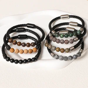 Leather Bracelet Bangle for Man European and American Fashion Natural Volcanic Stone Beaded Bracelet Hand-woven Jewelry