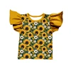 Dark Base Golden Ruffle Sleeve Sunflower Daisy Print T-shirt