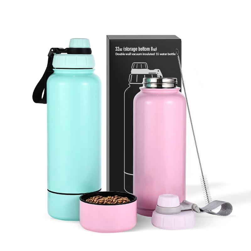 32oz Double Wall Stainless Steel Dog Water Bottle with Rounded Bowl 2-in-1 Multifunction Pet Travel Bottle for Outdoor Use