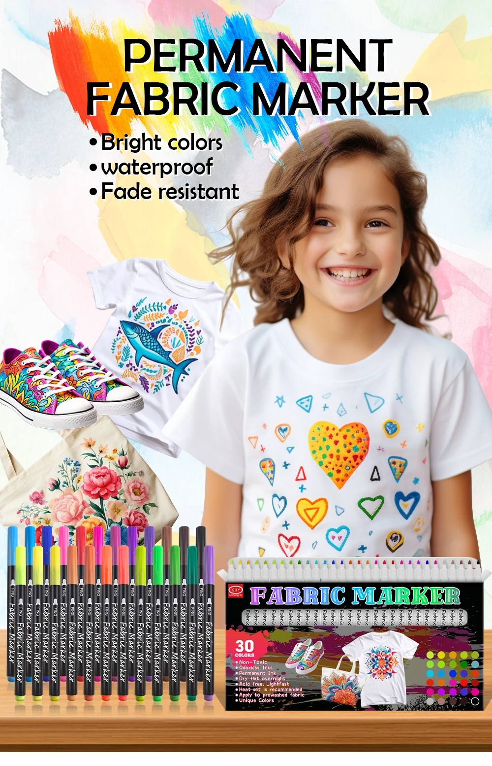 KHY Permanent Flat Tip 24 Colors Fabric Colouring Marker Pen for Kids ...