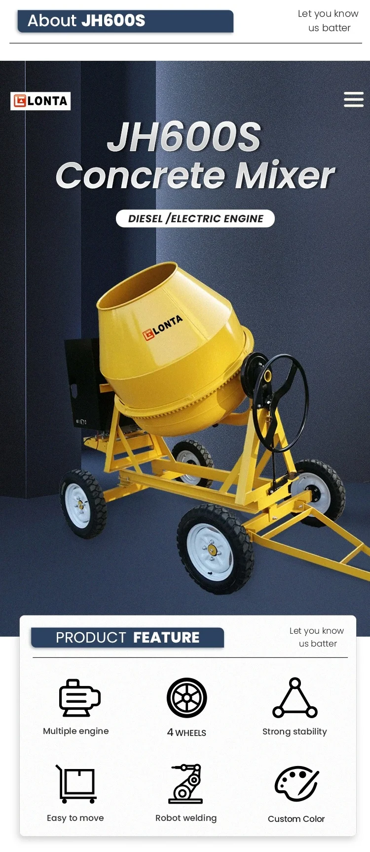 Jh600s 600 Litre 0.6m3 Diesel 4 Wheels Concrete Mixer Mezclador De