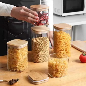 Wholesale Noodles Flour Cereal Airtight Plastic Storage Canister with Bamboo Lid Durable Kitchen Storage Square Jars